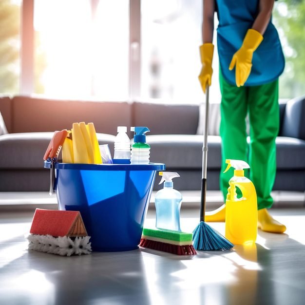 Cleaner performing general housekeeping tasks in a family kitchen with counters and floors being refreshed