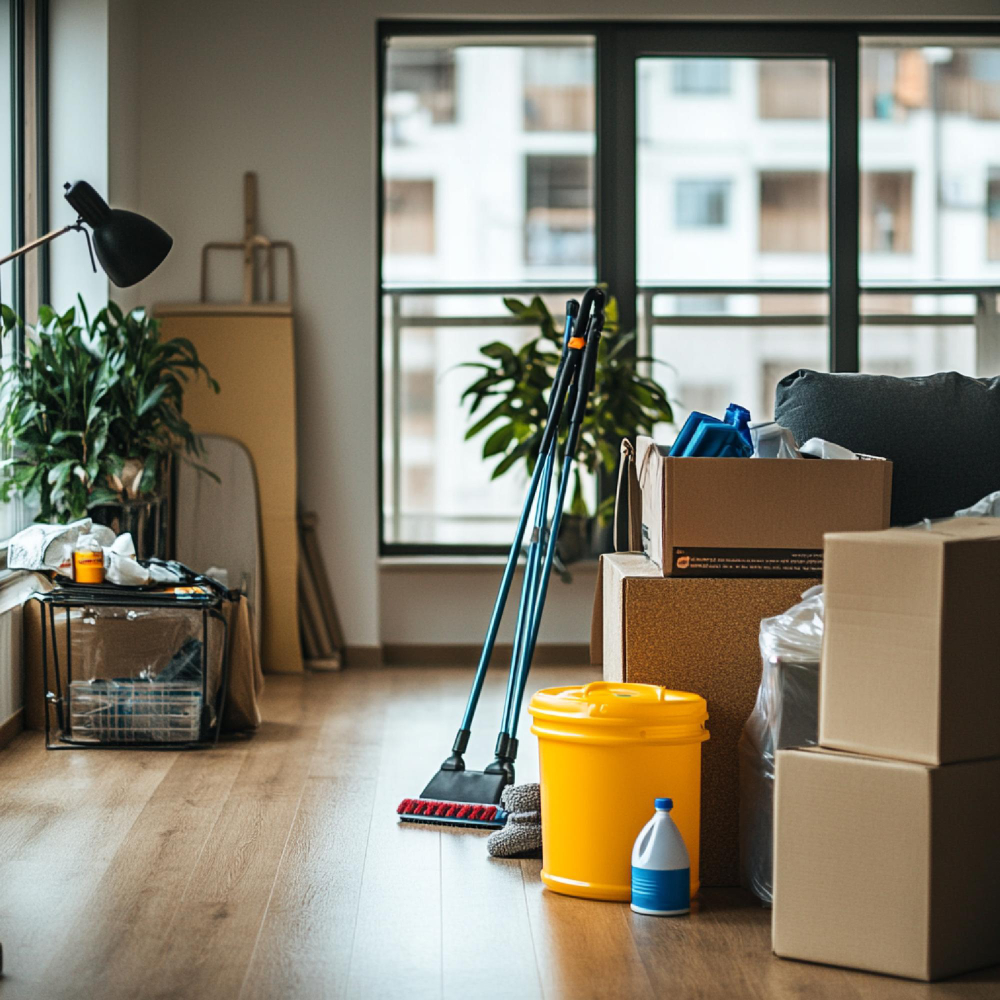 Cleaner completing a move-out clean in an empty living room before final walkthrough