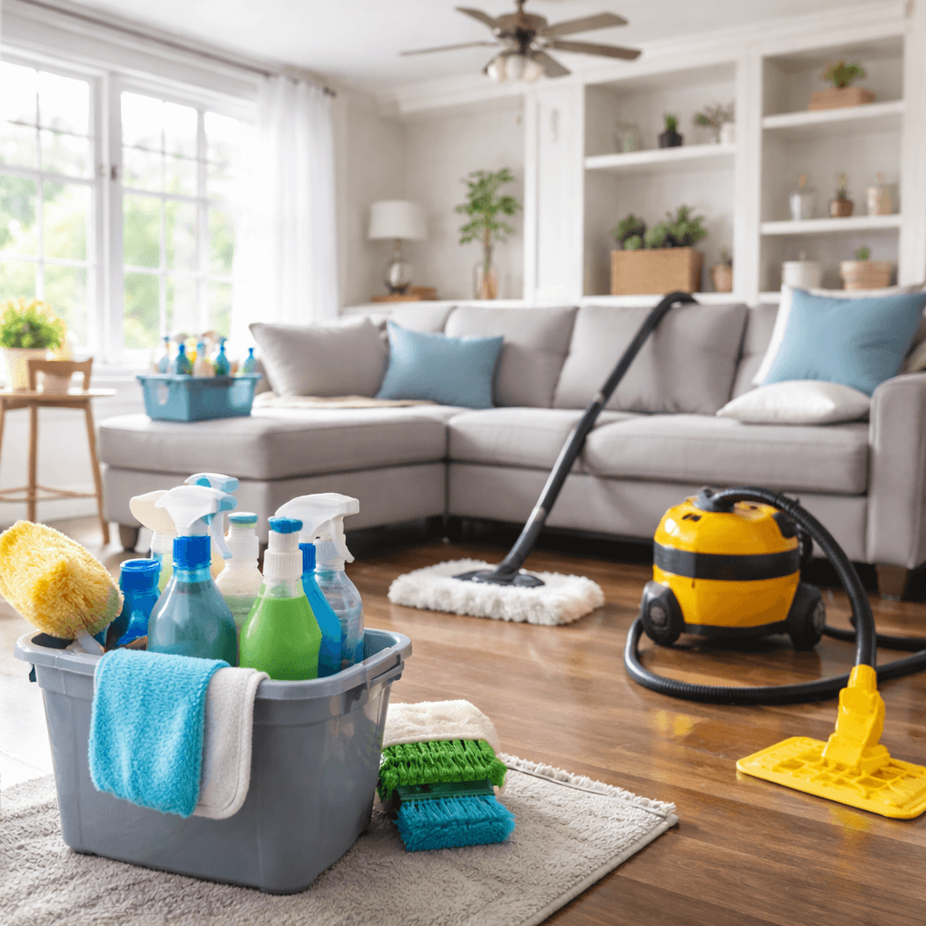 Cleaner wiping kitchen counters during standard cleaning before a family returns home for dinner